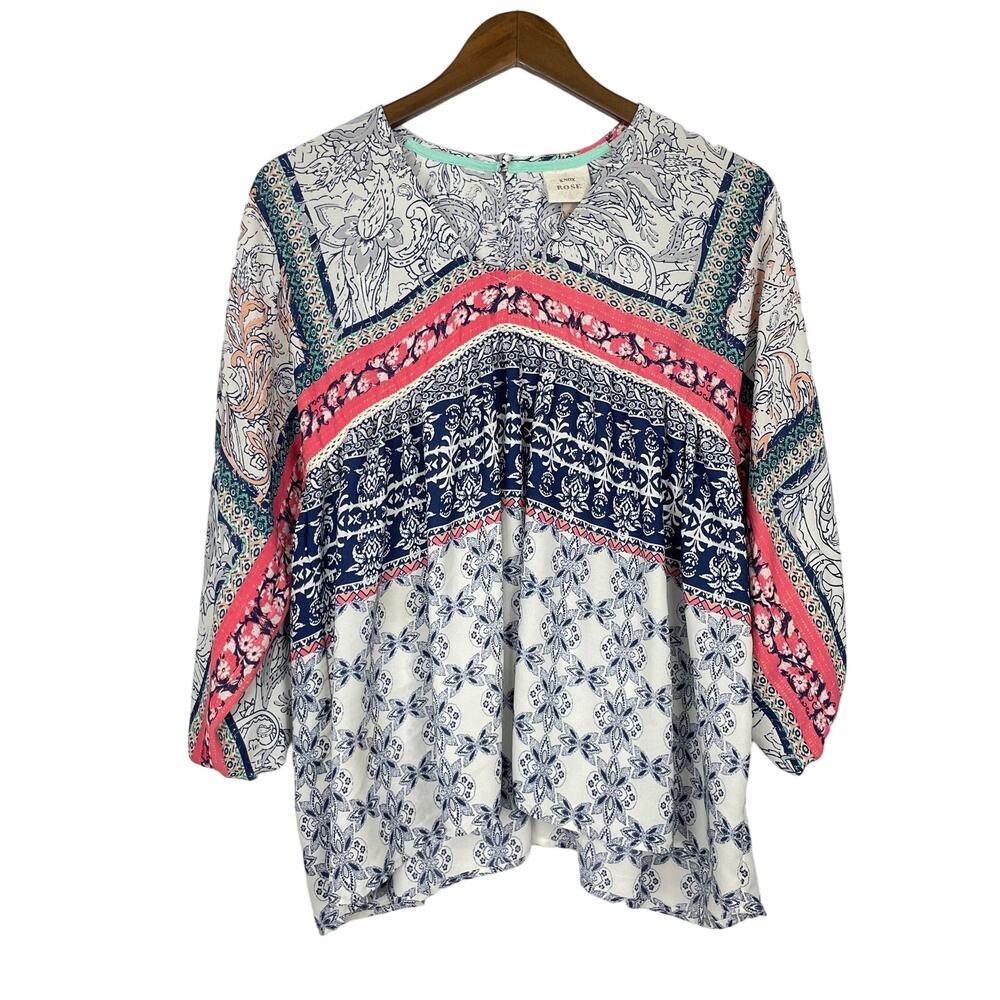 Knox Rose | Mixed Print 3/4 Balloon Sleeve V-neck Boho Peasant Blouse